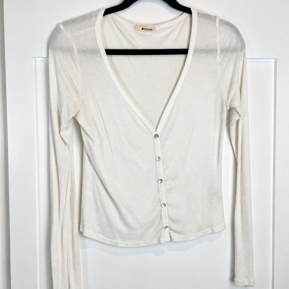 LA Made White Ribbed Long Sleeve Button Top